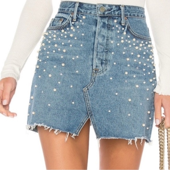 GRLFRND Milla Crystal Pearl Embellished Raw Hem Mini Denim Skirt Blue Solstice M - Picture 16 of 16